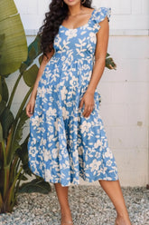 Floral Flutter Shoulder Tiered Flowy Midi Dress OutfitFlow